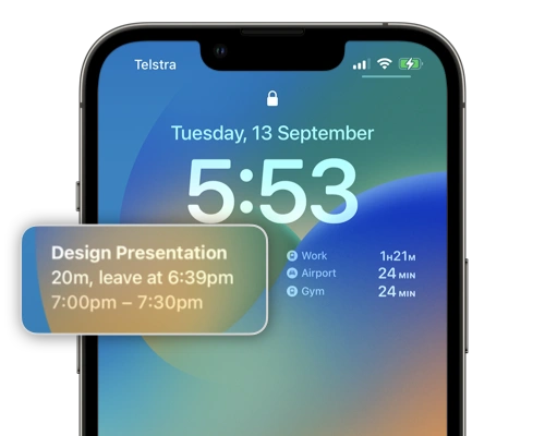 The Calendar widget showing travel time and time to leave helping your arrive on time