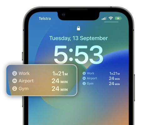The Live List widget showing travel time to three locations